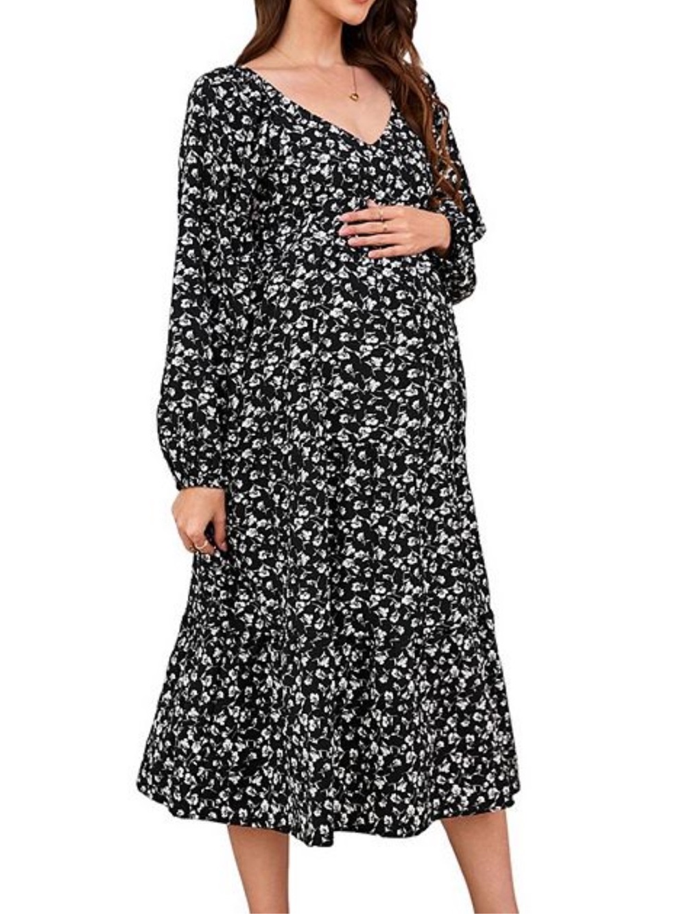 Maternity XL Blue and White Floral Long Sleeve Midi Dress